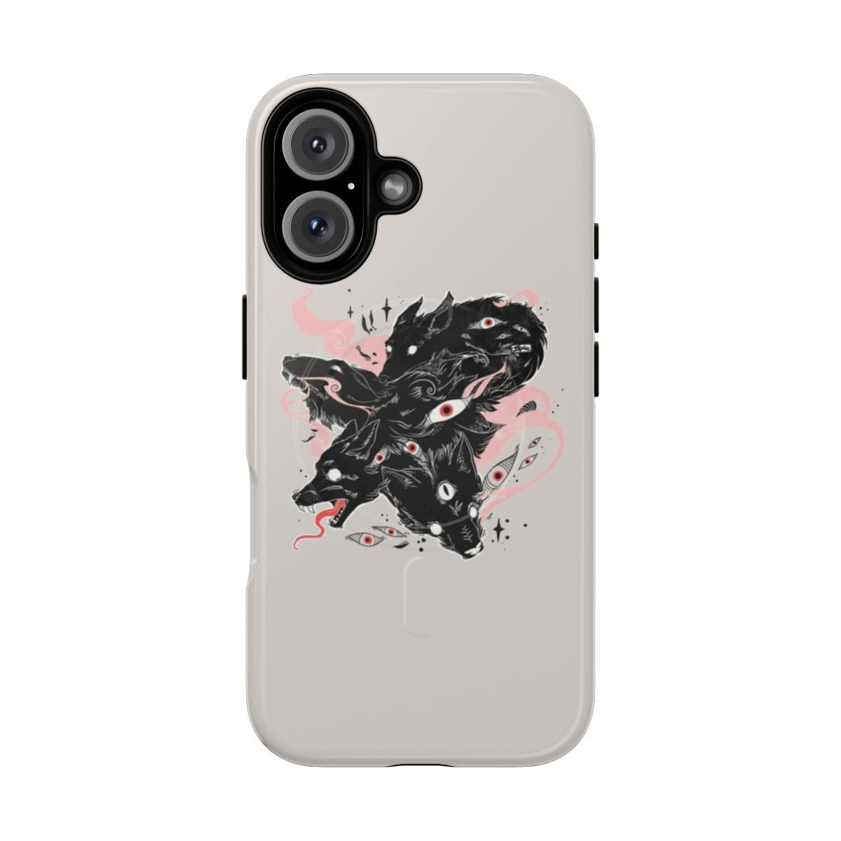 Phone case with an illustration of mystical wolves with many eyes