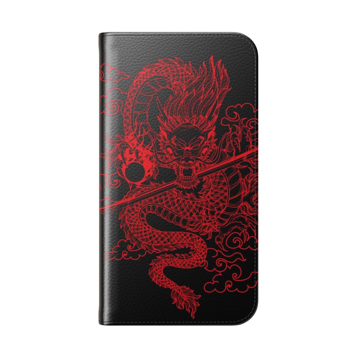 Flip phone case featuring a detailed red dragon design on a black background - Folded Back