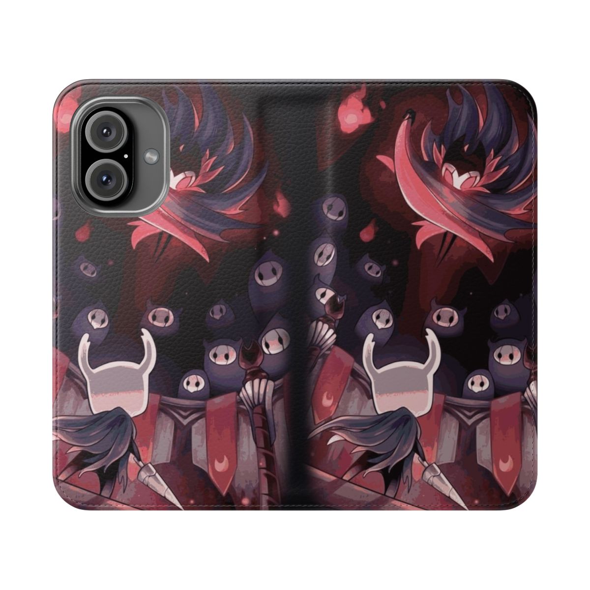 Hollow Knight-inspired phone case featuring the Knight character facing Master Grimm