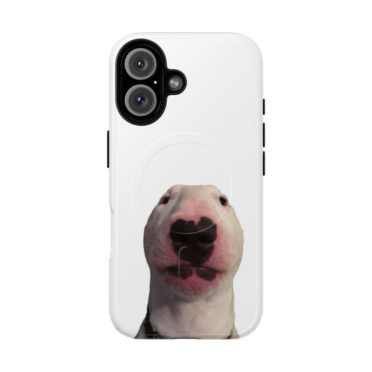 Durable phone case featuring a humorous meme face of a bull terrier dog