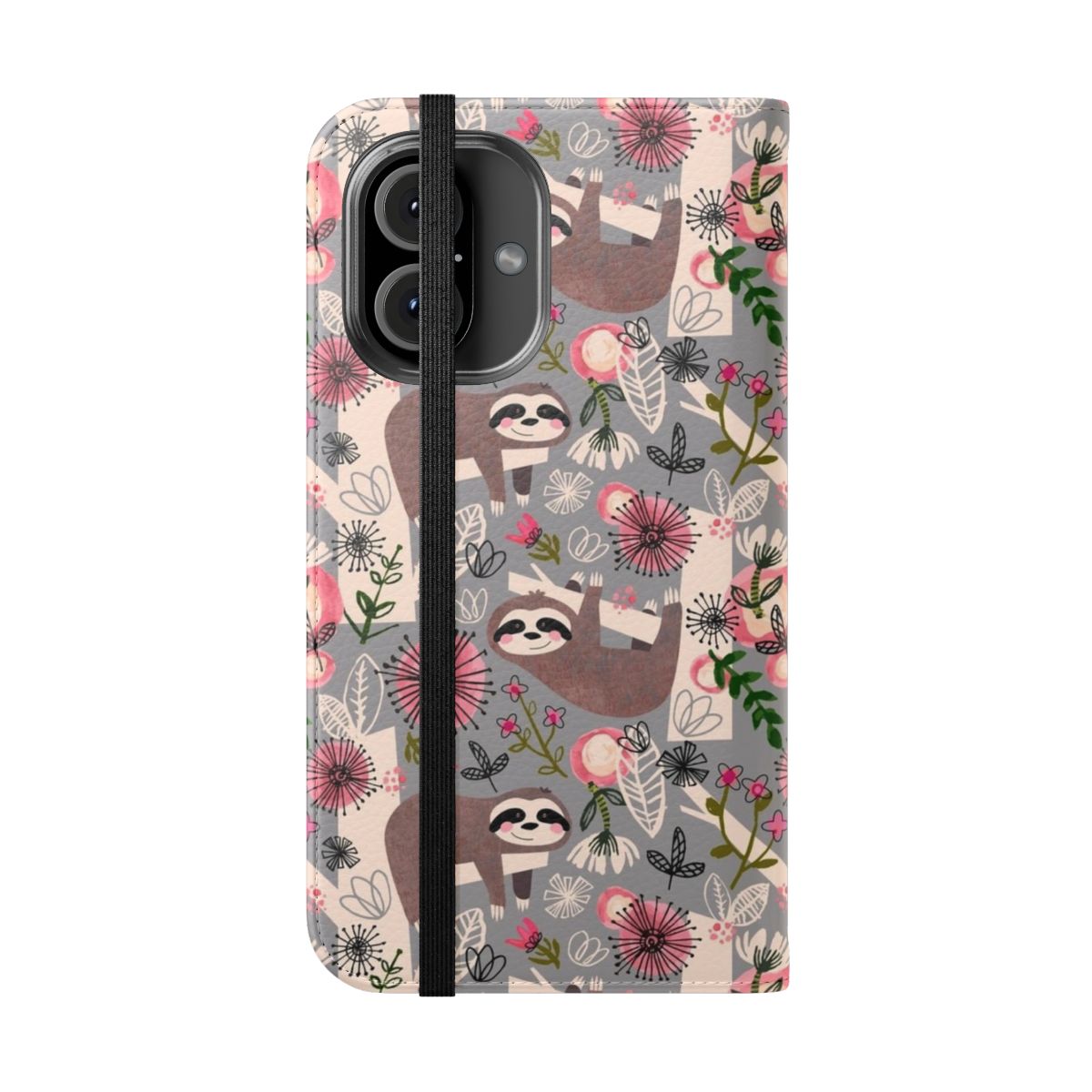 Flip cover phone case featuring a design with happy, cute sloths hanging from a tree. - Folded Front