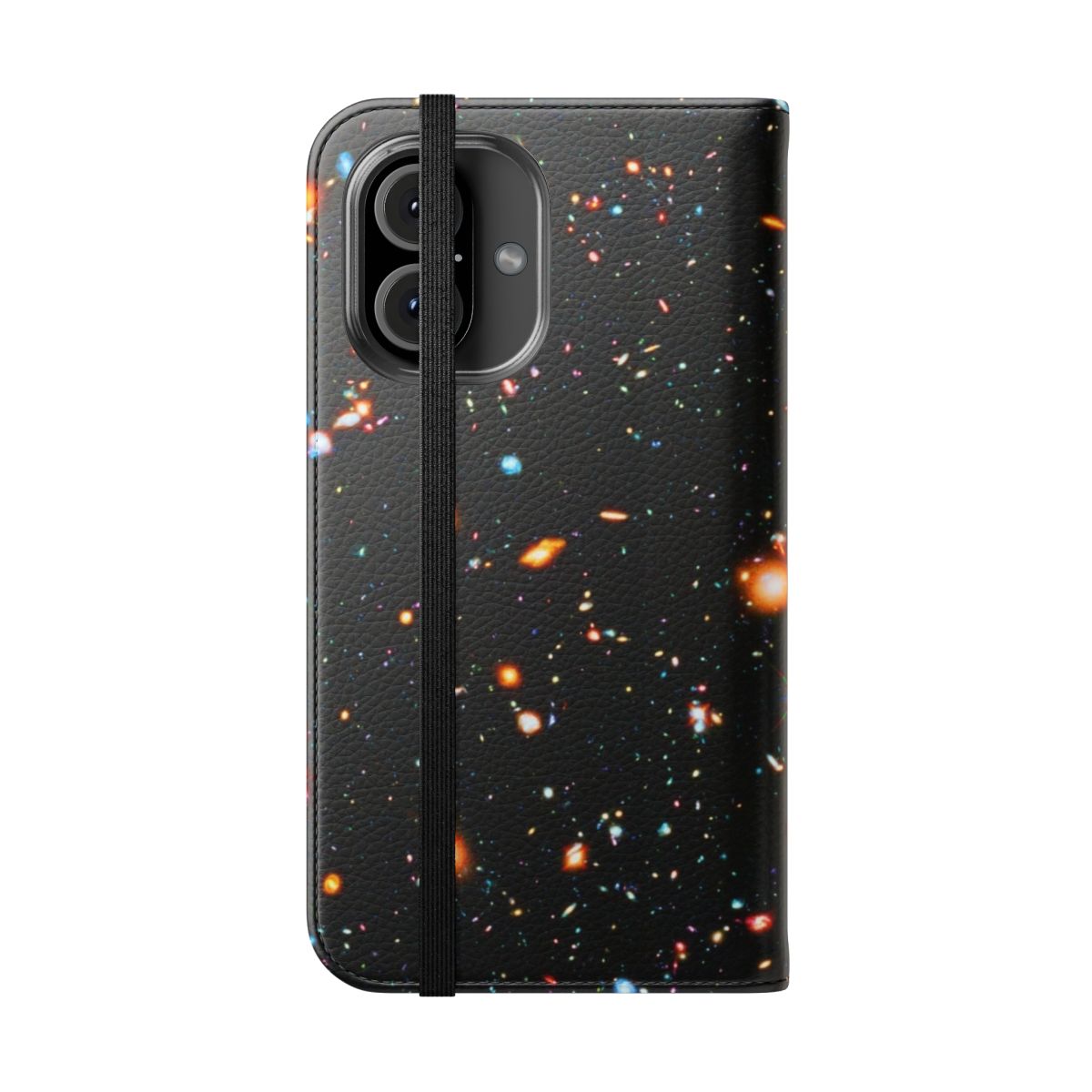 A flip phone case featuring the Hubble Extreme Deep Field image, showcasing the vast expanse of the universe and its countless galaxies. - Folded Front