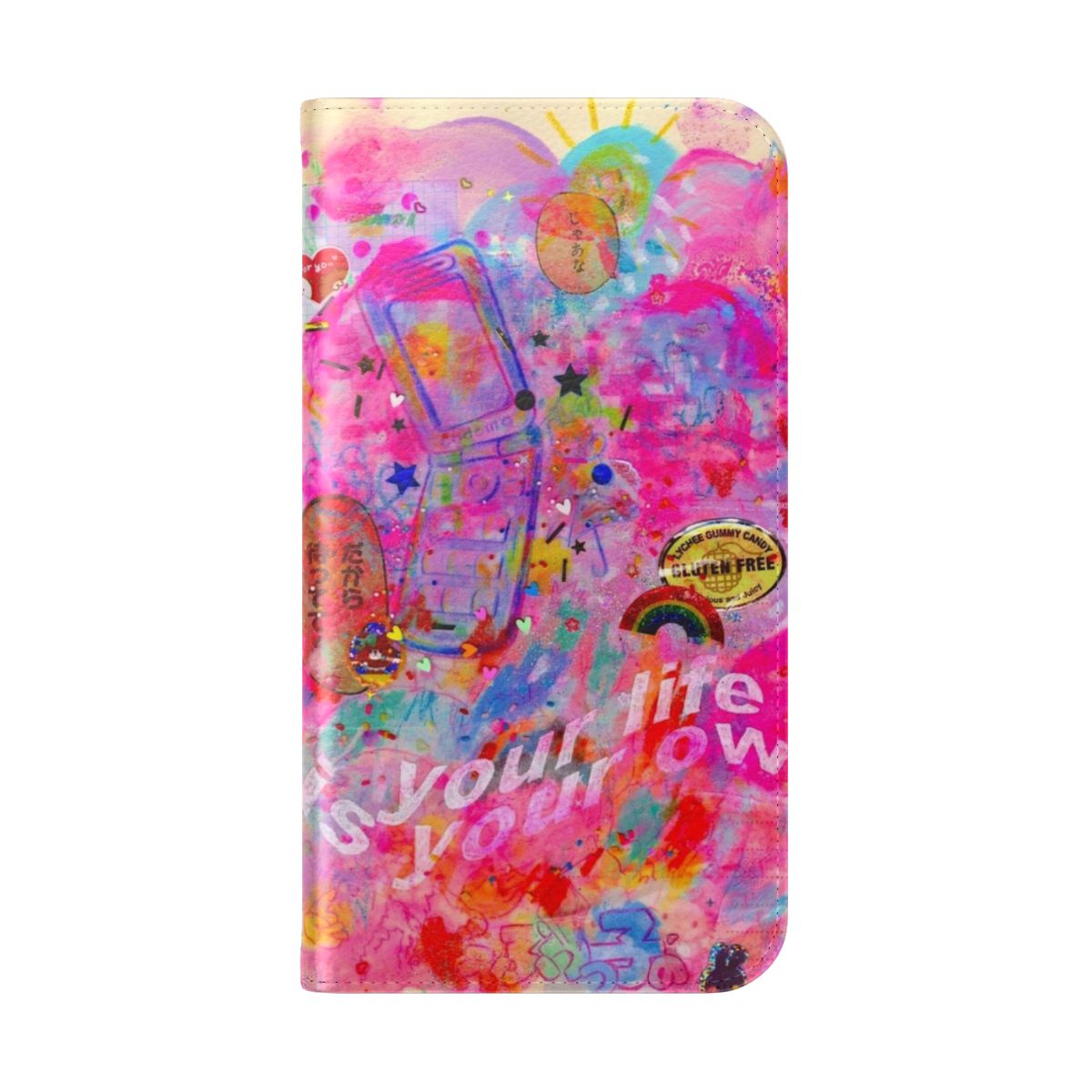 Vibrant and whimsical phone case featuring colorful graphics, text, and a retro-inspired design. - Folded Back