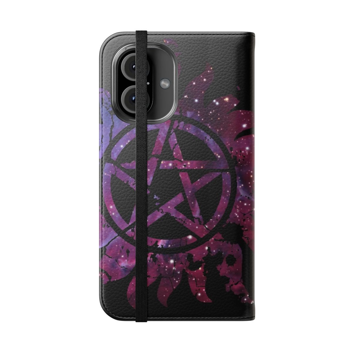 A flip phone case featuring a supernatural-inspired galaxy print design. - Folded Front