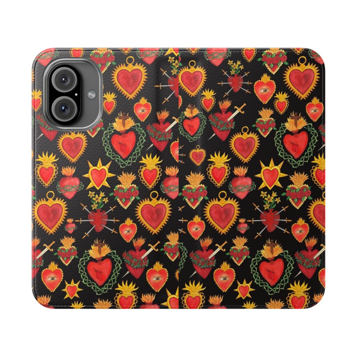 Stylized sacred heart design on a flip cover phone case