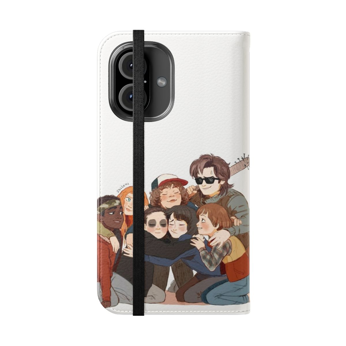 Retro sci-fi inspired flip phone case with character designs - Folded Front