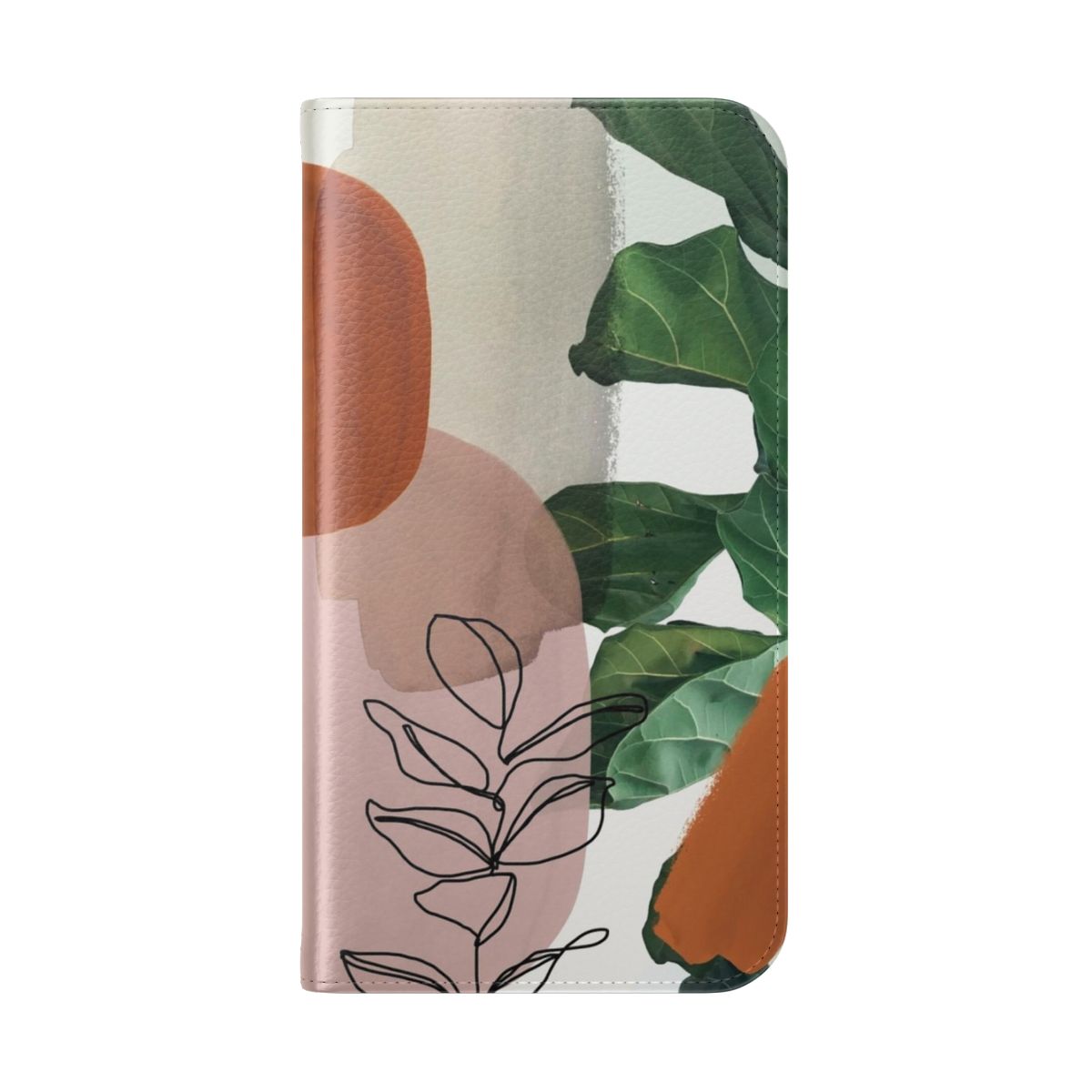 A minimalist flip cover phone case with abstract nature-inspired designs, featuring leaves, geometric shapes, and a modern, rustic aesthetic. - Folded Back