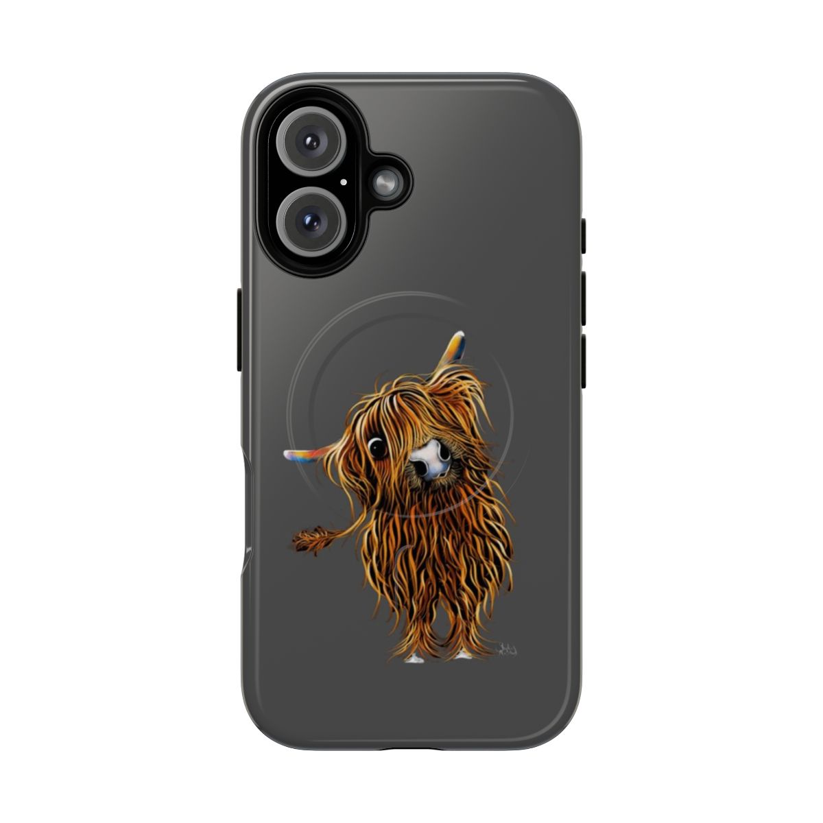 A grey phone case with an artistic illustration of a Scottish Highland Cow, titled 'Cooowee'.