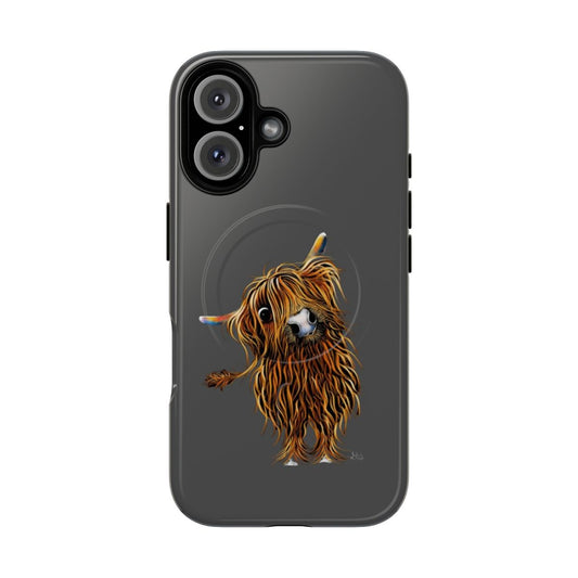 A grey phone case with an artistic illustration of a Scottish Highland Cow, titled 'Cooowee'.