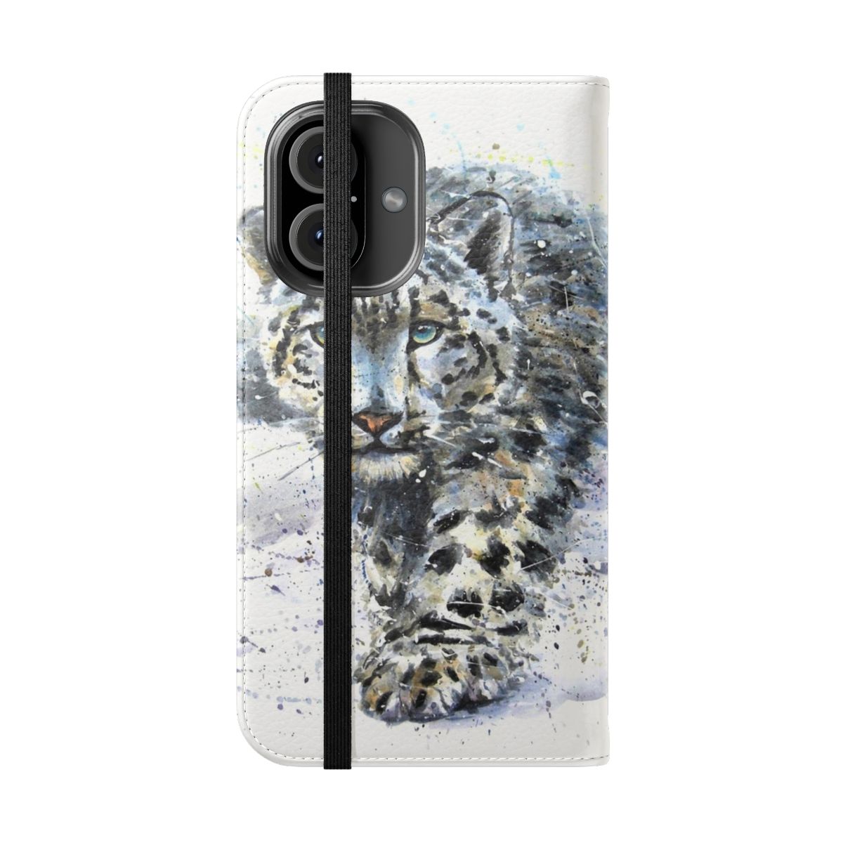 Vibrant watercolor painting of a snow leopard on a protective phone case cover - Folded Front