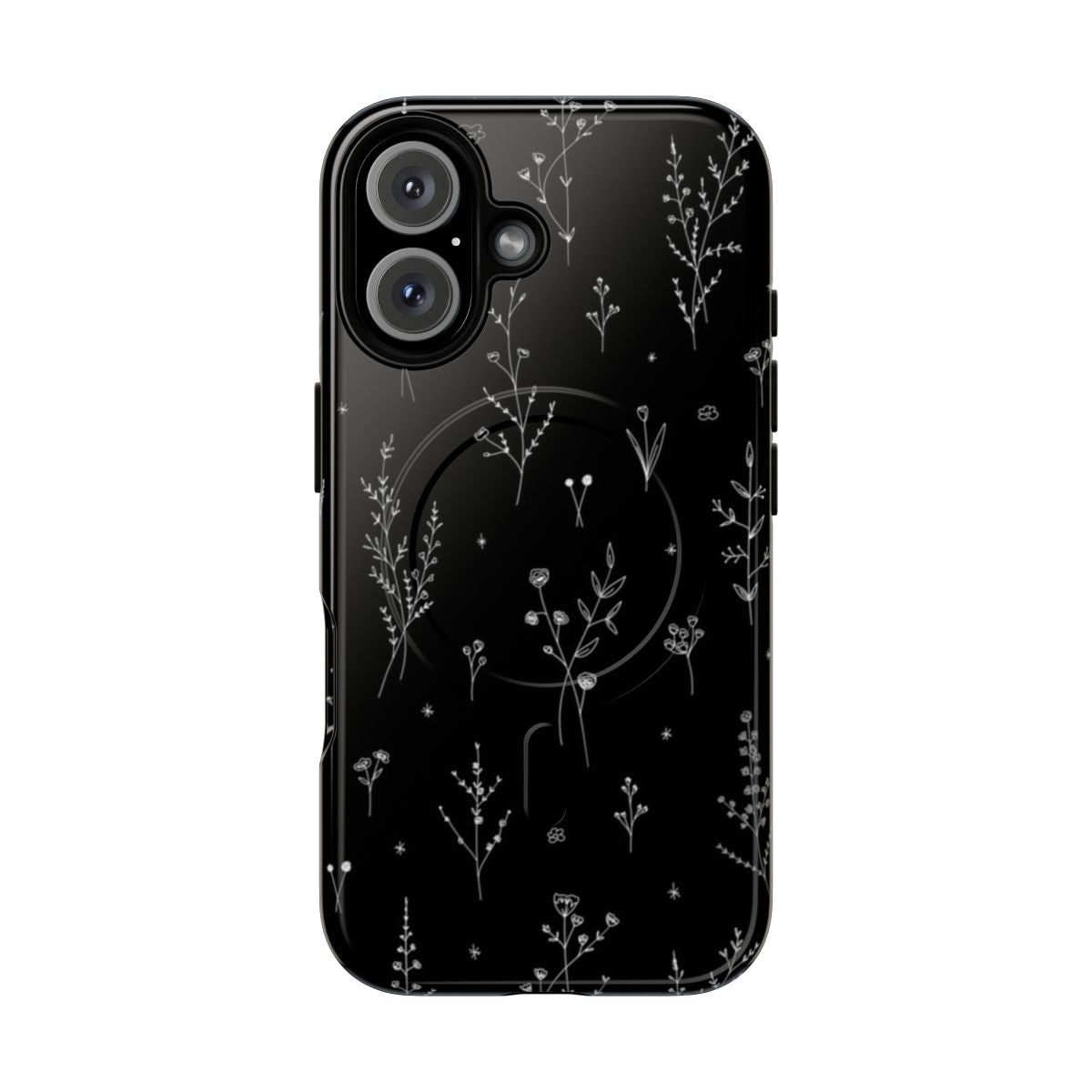 Minimalist phone case featuring a black and white wildflower design