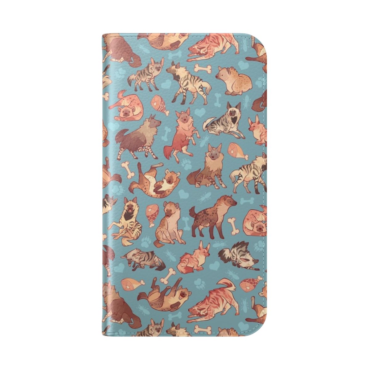 Cerulean-colored phone case with a vibrant hyena pattern design - Folded Back