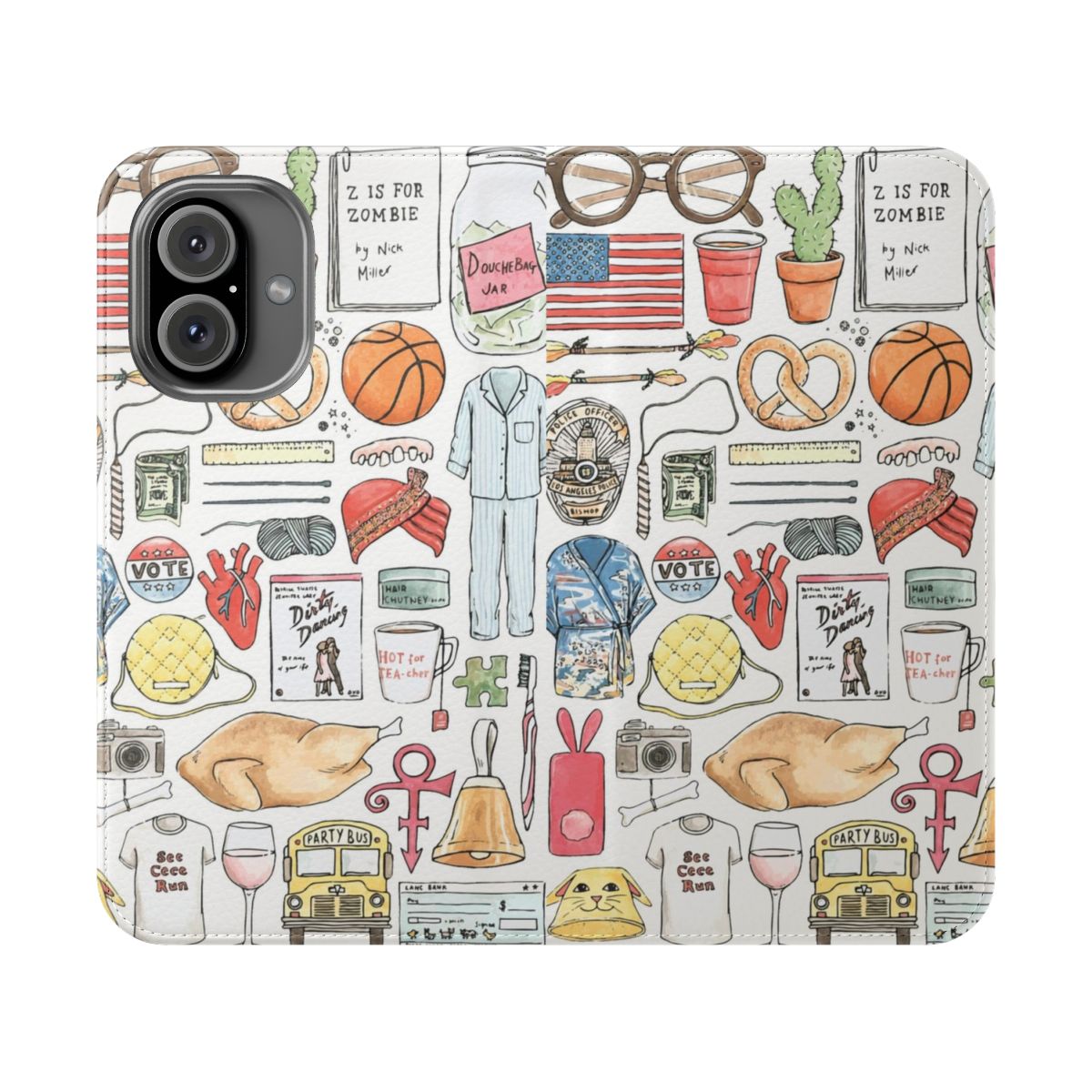 Flip cover phone case with hand-drawn New Girl inspired artwork