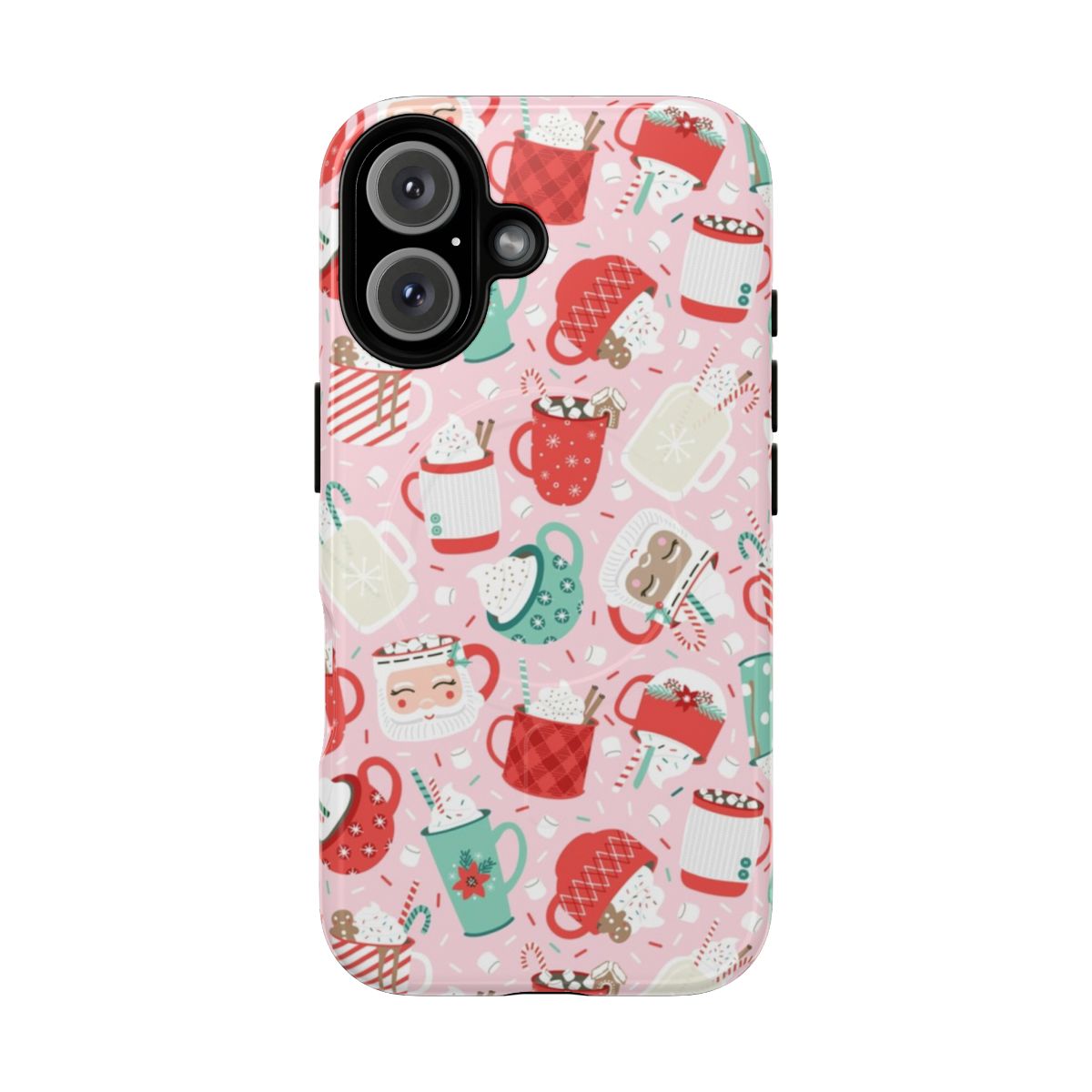 Pink phone case with Christmas-themed design including hot chocolate, marshmallows, and sprinkles