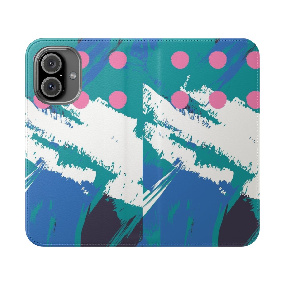 A vibrant, patterned flip cover phone case with an abstract sea spray design in 1980s inspired colors.