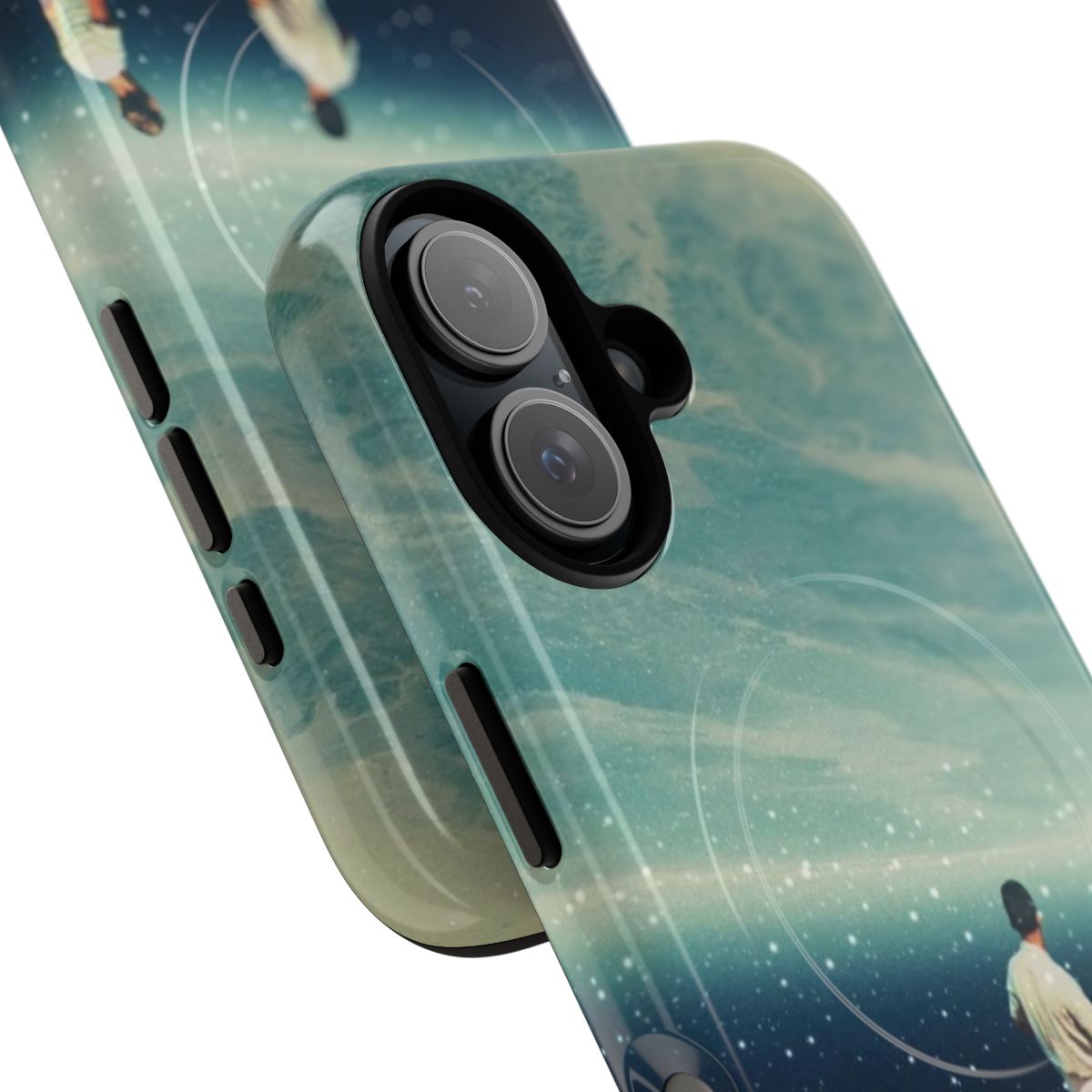 Vintage collage phone case featuring a surreal landscape with the earth, stars, and people in a cosmic setting. - Detail