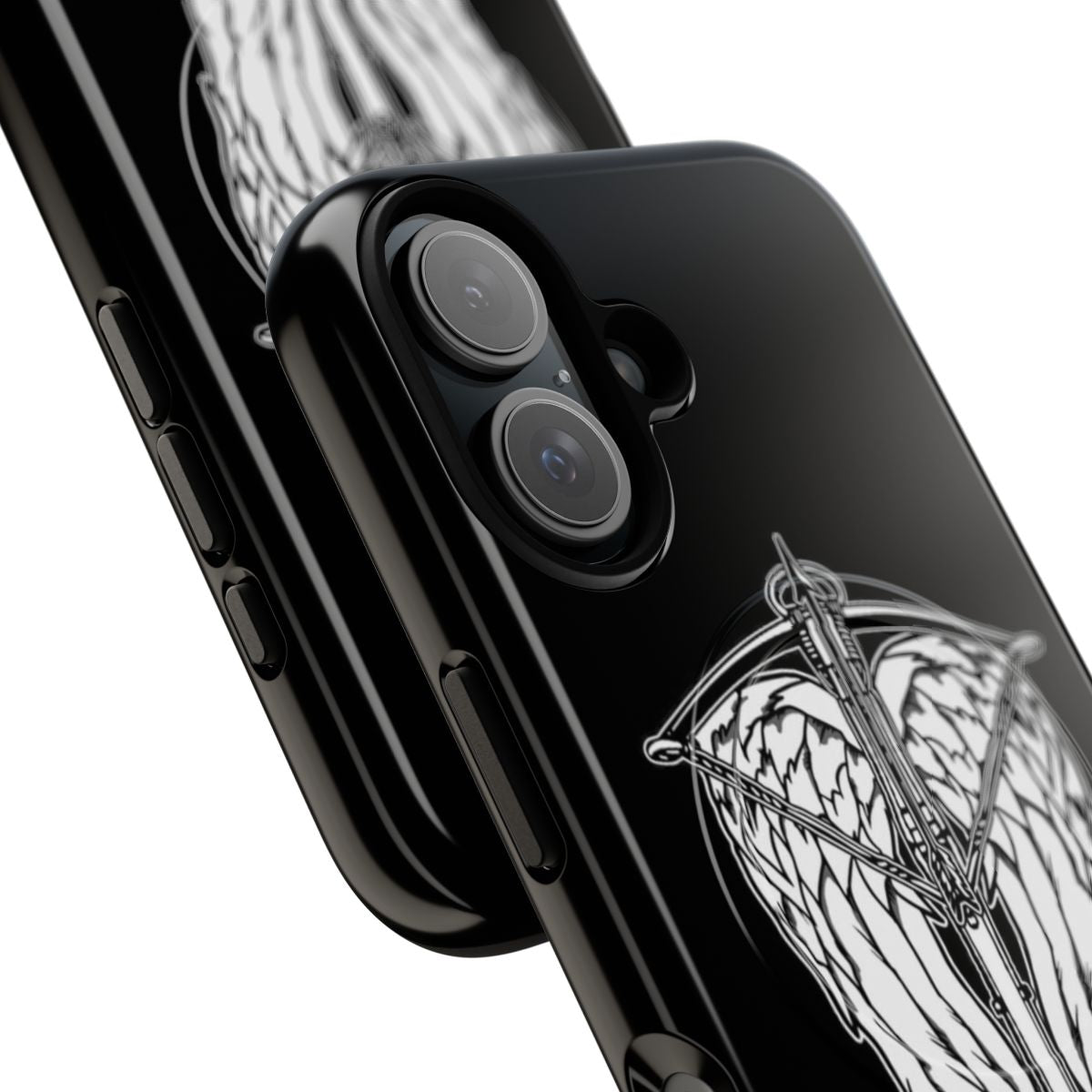 Supernatural-inspired angel wings and crossbow design on a magnetic tough phone case - Detail