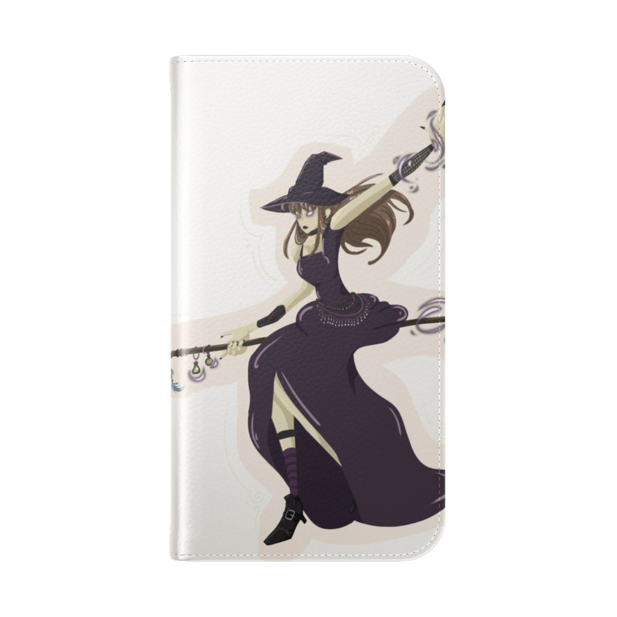 Spooky witch-themed flip phone case cover design with a flying woman on a broomstick - Folded Back