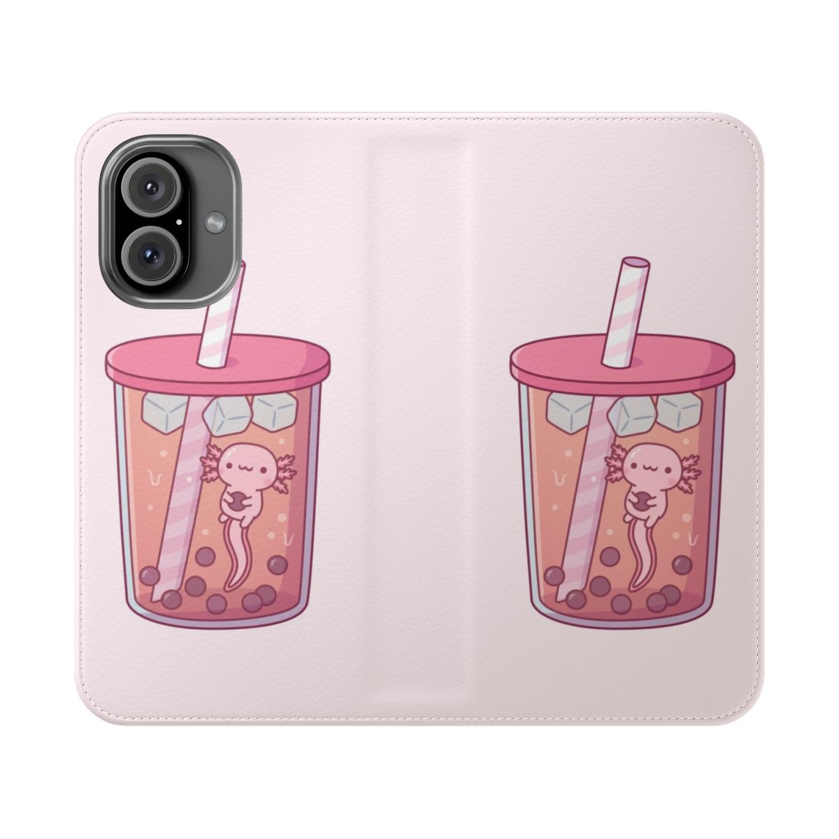 A vibrant and whimsical phone case featuring a cute axolotl swimming in a bubble tea drink.