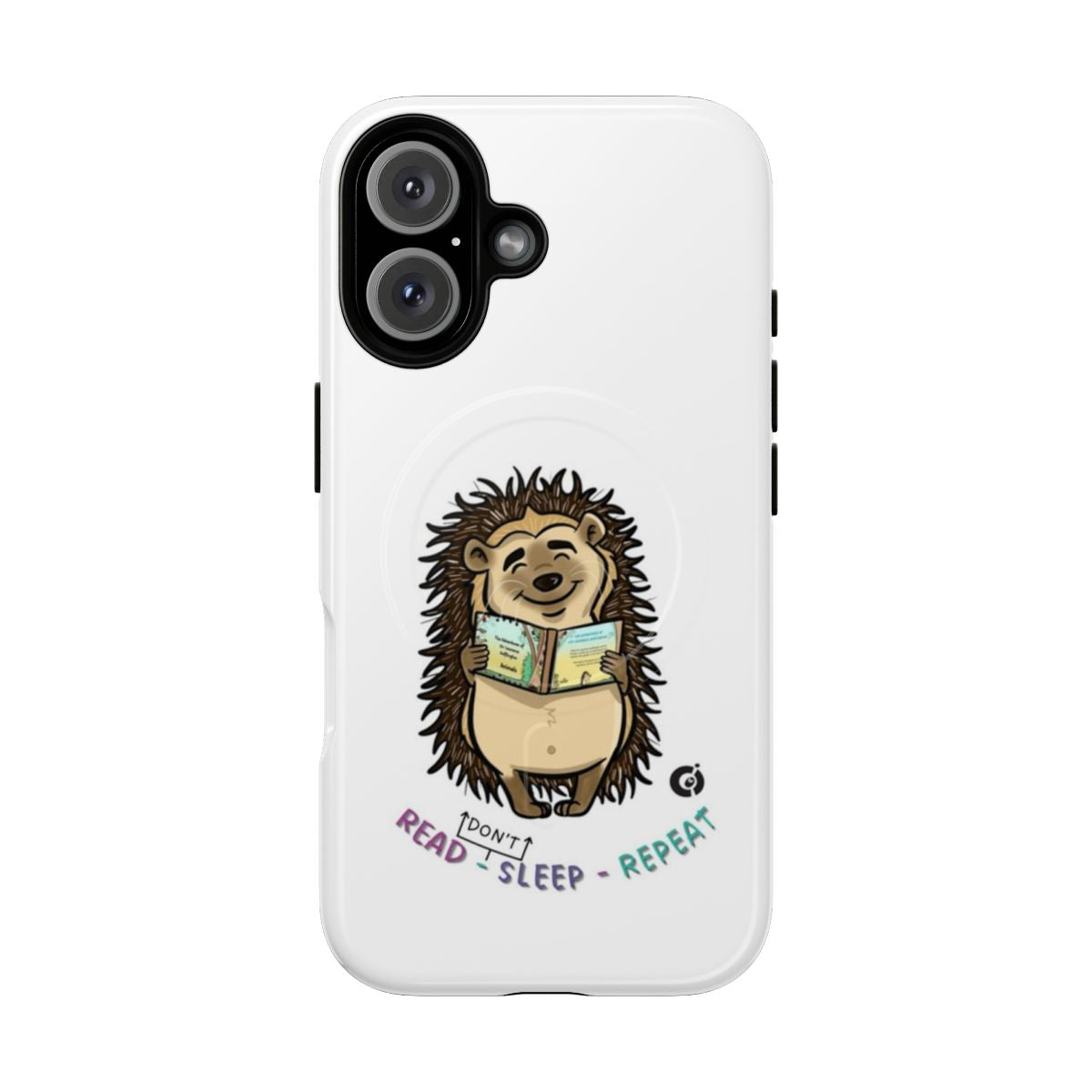 Magnetic tough phone case with a cute hedgehog character and the text "(Don't) Sleep - Repeat"