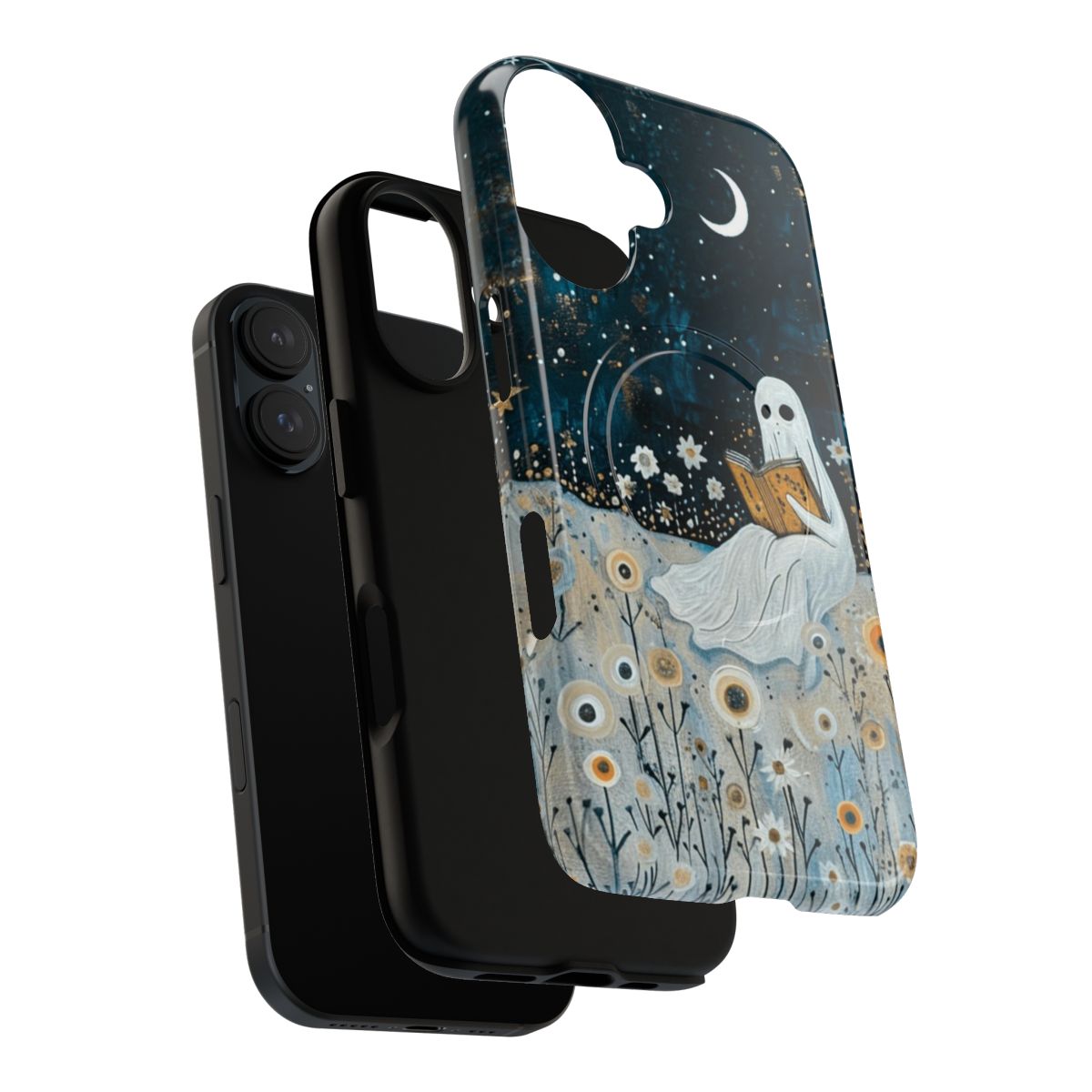 Spooky and whimsical phone case design featuring a botanical book nook with a ghostly figure. - Layers