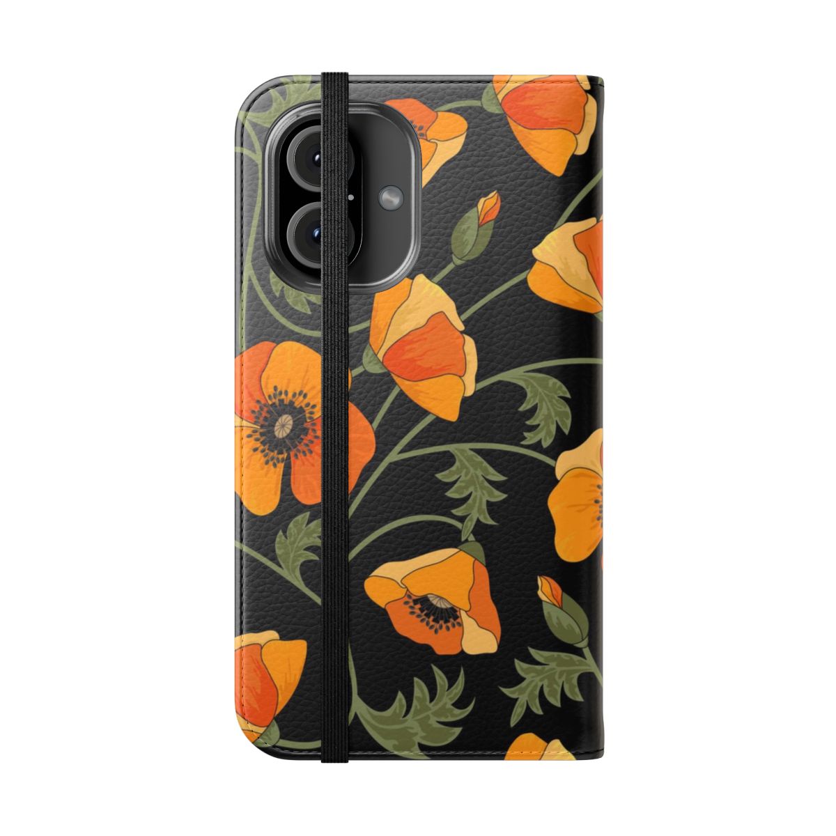 Stylish phone case featuring a vibrant floral pattern of yellow California poppies against a black background. - Folded Front