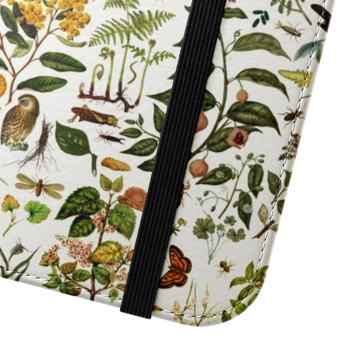 Detailed phone case with a collage of native New Zealand flora and fauna, including butterflies, birds, and intricate botanical elements. - Close Up