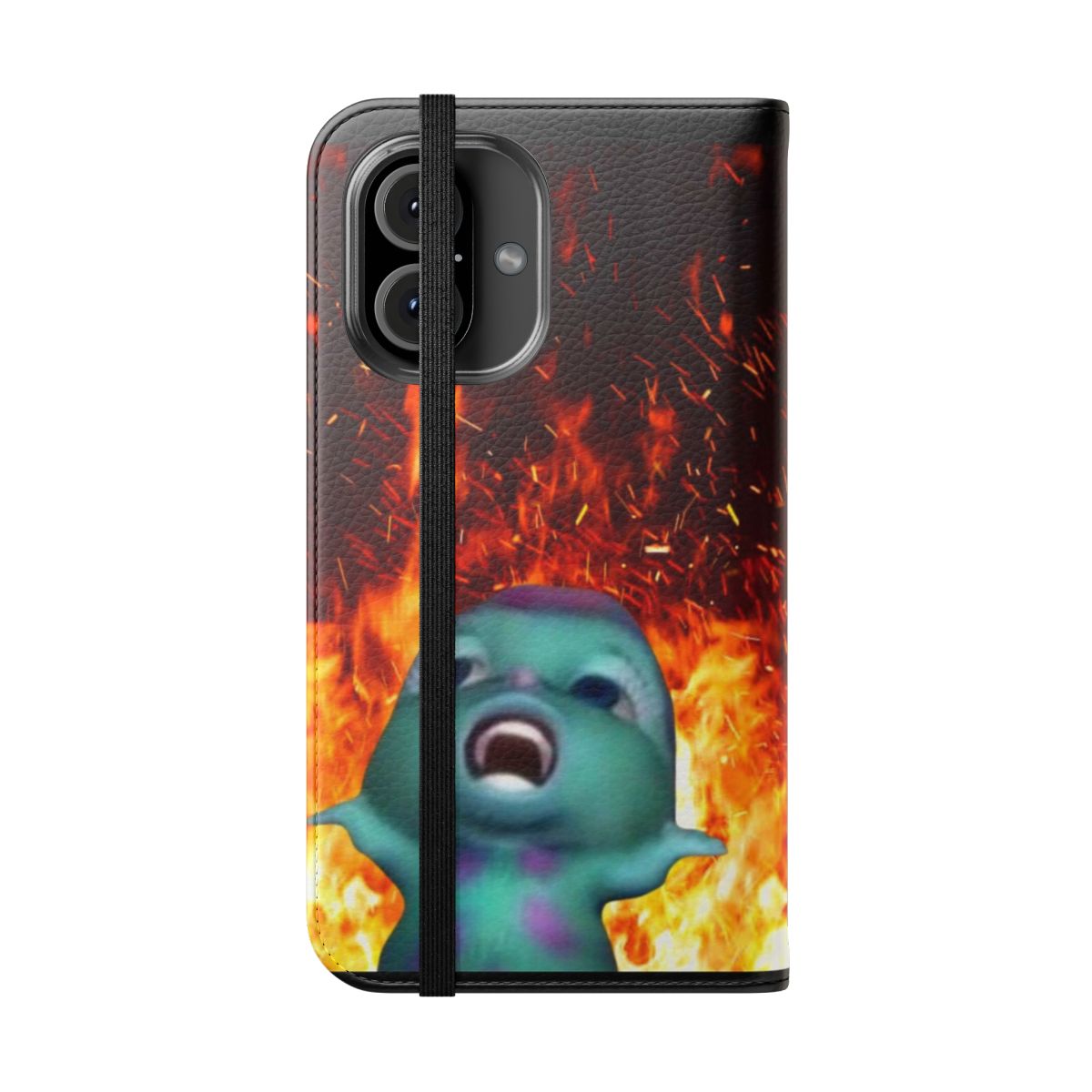 "Vibrant flip cover phone case featuring the 'Bibble on Fire' meme design" - Folded Front