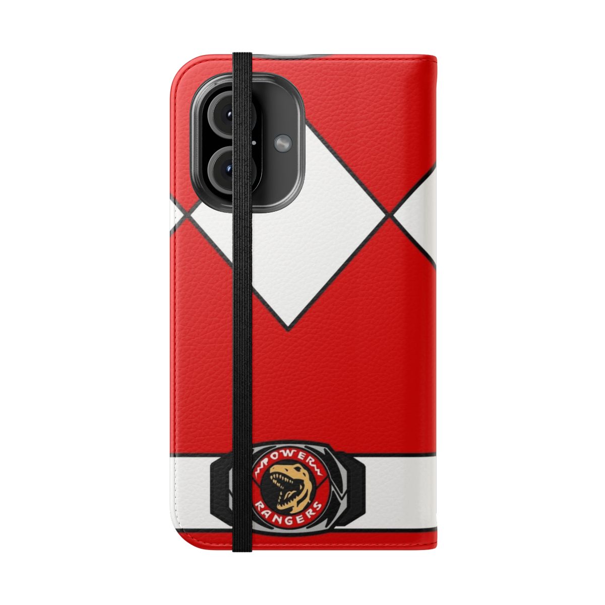 Red phone case with a Tyrannosaurus design, perfect for Power Rangers enthusiasts. - Folded Front