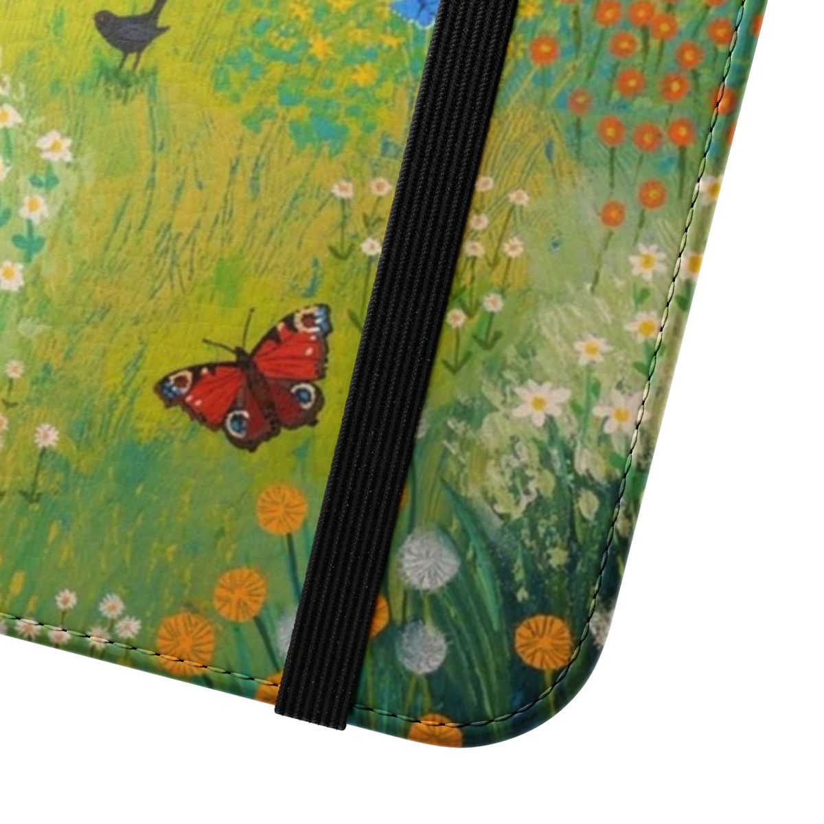 Flip cover phone case featuring a vibrant nature scene with flowers, birds, and the sea - Close Up