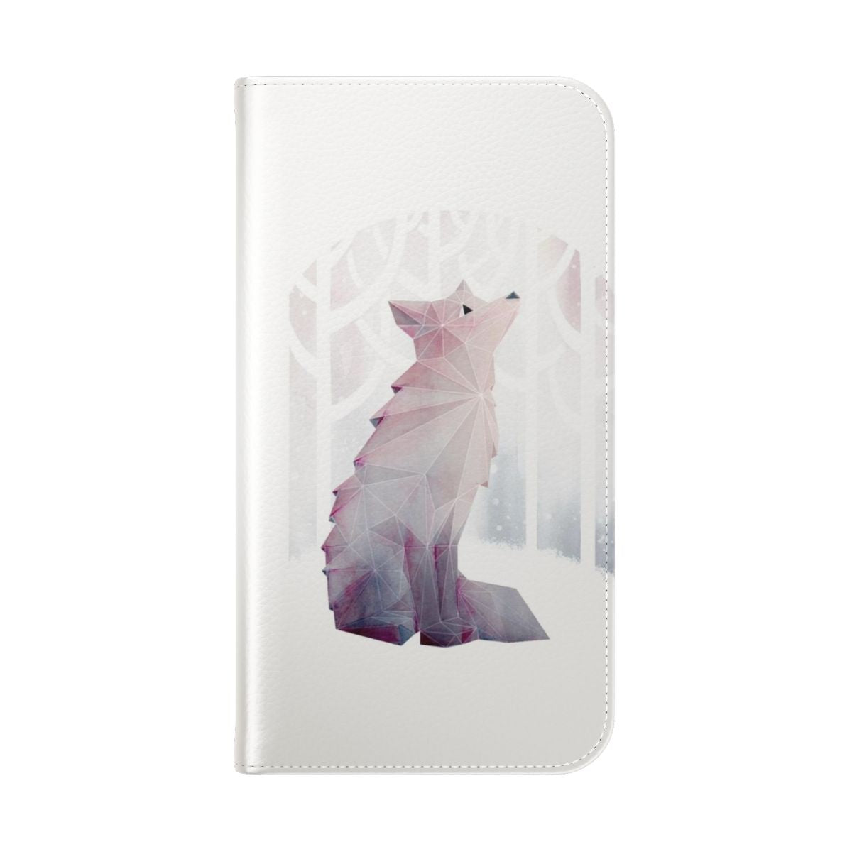 Geometric phone case with a watercolor painting of a fox in a snowy forest landscape - Folded Back