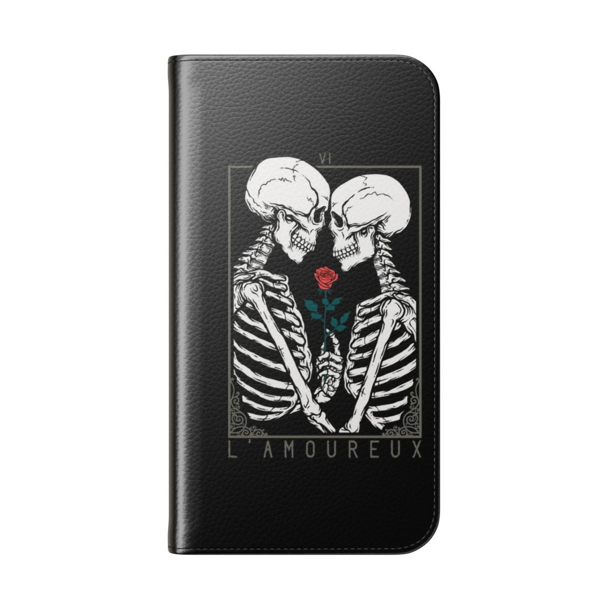 Tarot-inspired gothic phone case featuring the Lovers card design with a skull, flowers, and couple - Folded Back