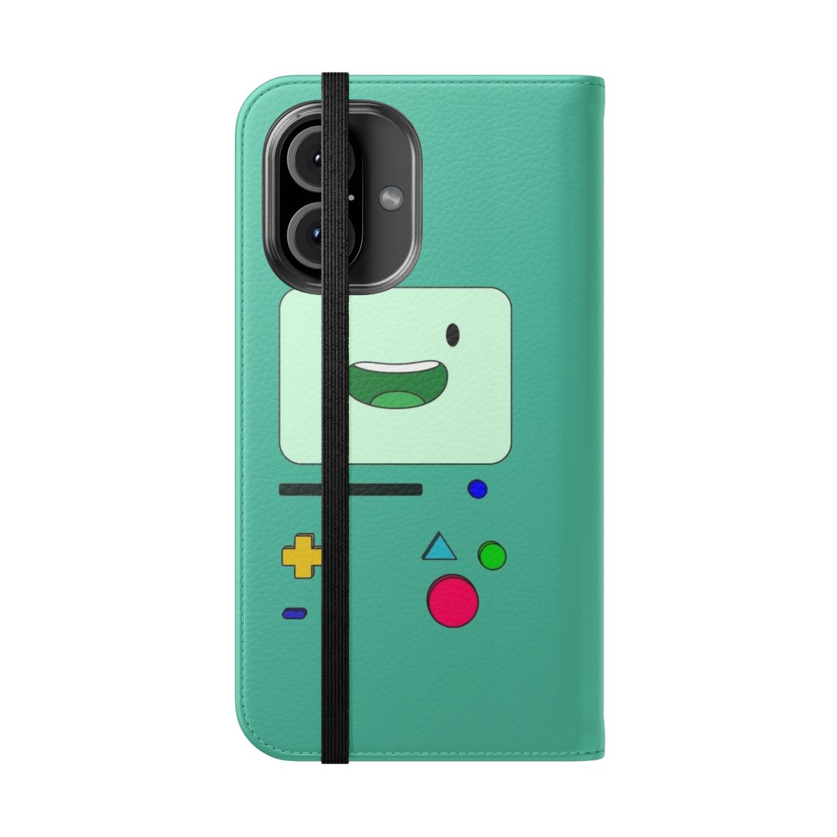 Flip phone case featuring a kawaii, cartoon-style image of the character BMO from the popular animated series Adventure Time waving and sitting - Folded Front