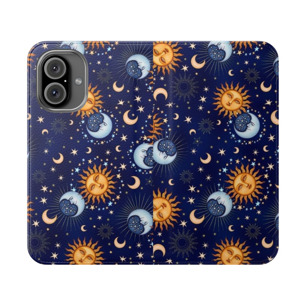 Celestial sun and moon flip phone case with stars and galaxy design