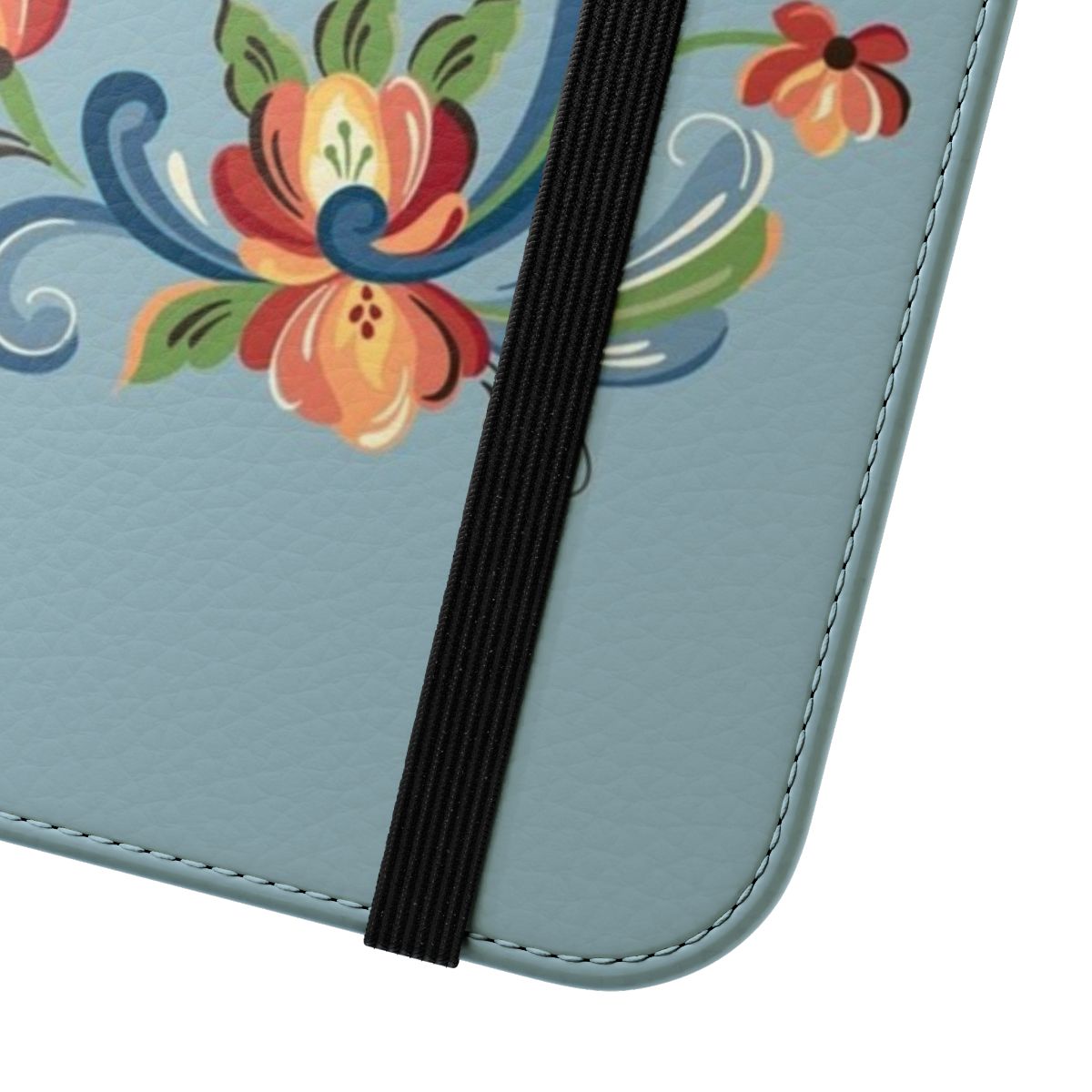 Handcrafted phone case featuring traditional Norwegian rosemaling folk art design - Close Up