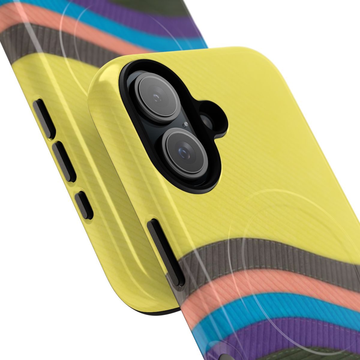 Colorful retro-style phone case with magnetic closure and tough protective design, featuring a Nike-inspired popcorn pattern. - Detail