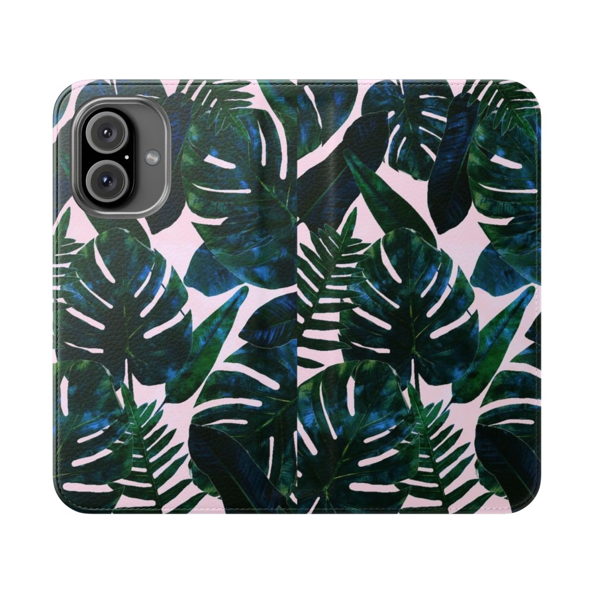 Flip cover phone case featuring a vibrant tropical botanical plants painting with palm leaves, monstera leaves, and banana leaves.