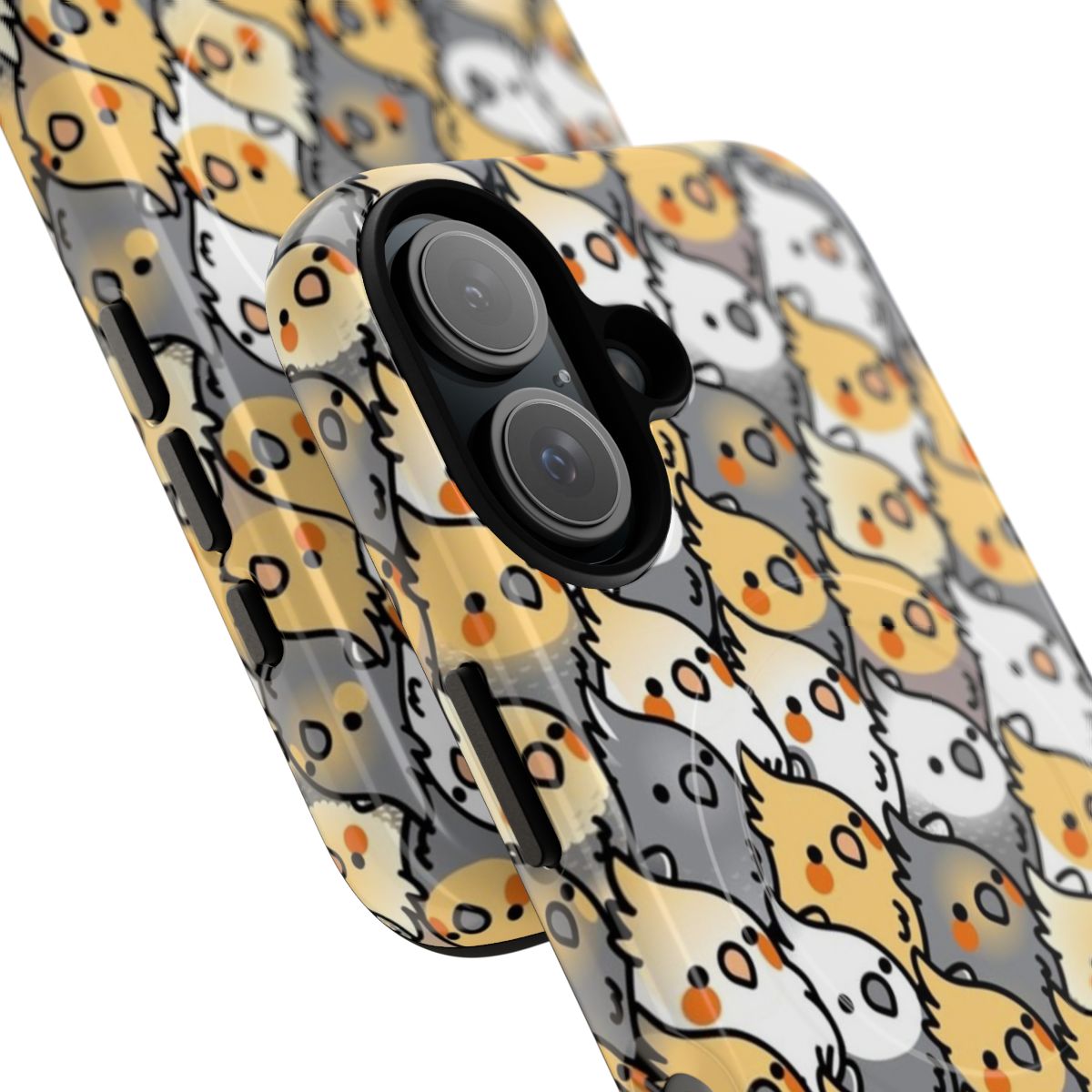 A vibrant phone case featuring a playful design of chubby cockatiels in a party setting. - Detail