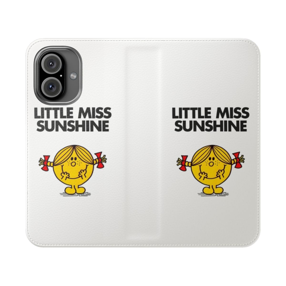 A vibrant flip cover phone case featuring a cheerful 'Little Miss Sunshine' design.