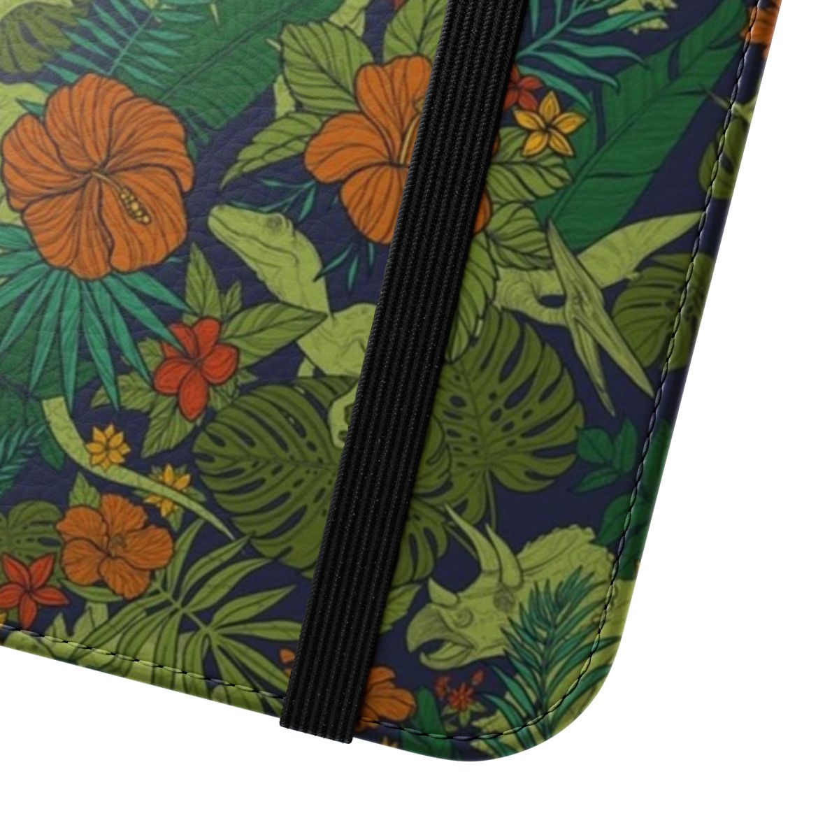 Vibrant phone case cover featuring a pattern of hidden dinosaurs, tropical flowers, and lush leaves. - Close Up