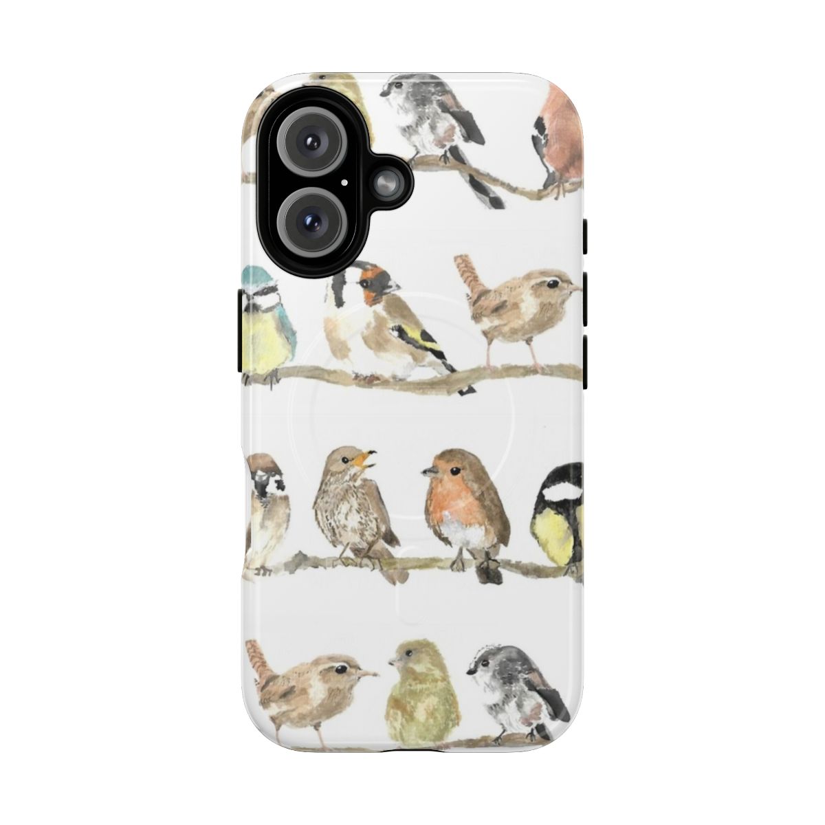 Colorful illustration of garden birds on a magnetic phone case