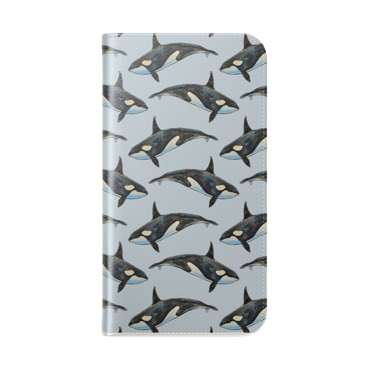 A watercolor painting of an orca or killer whale in shades of blue on a phone case. - Folded Back