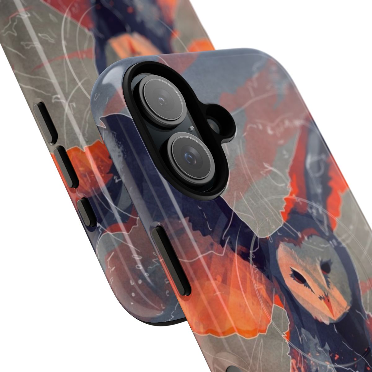 A magnetic phone case featuring a detailed sketch of an owl in flight against a vibrant sunset sky. - Detail