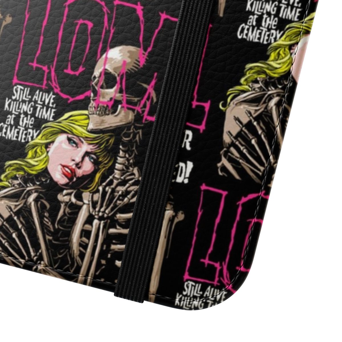 Vintage horror-themed flip cover phone case with skull and skeleton design - Close Up