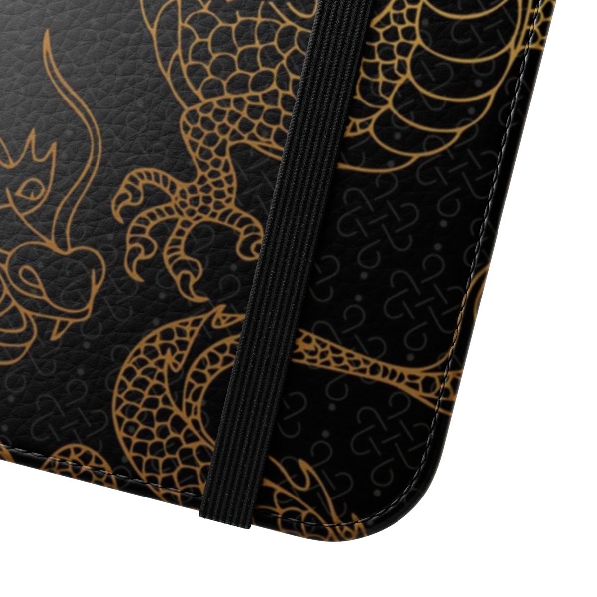 Barca-themed flip cover phone case with a sleek black and gold dragon design - Close Up