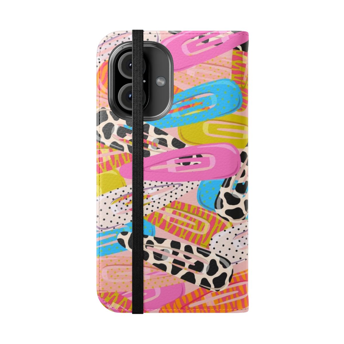 Retro-style phone case with a peach fuzz pattern and clip design - Folded Front