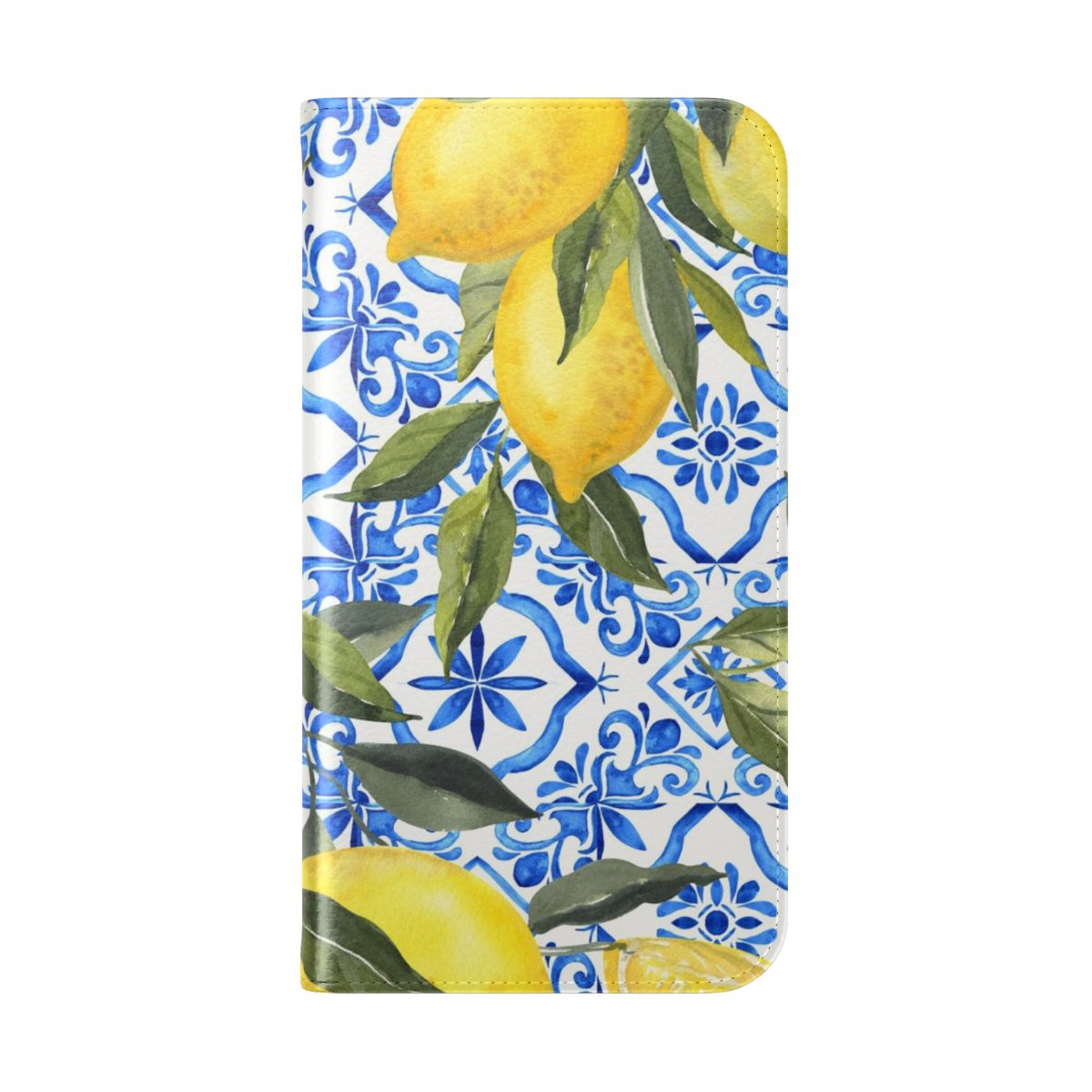 Blue and white tile pattern phone case with a lemon design - Folded Back