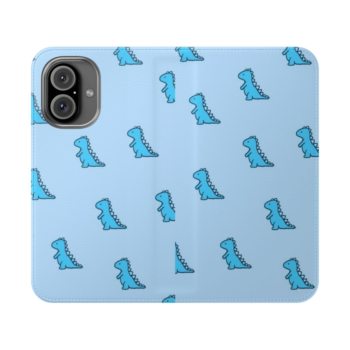 Blue dinosaur print flip cover phone case with a cute, spiky design