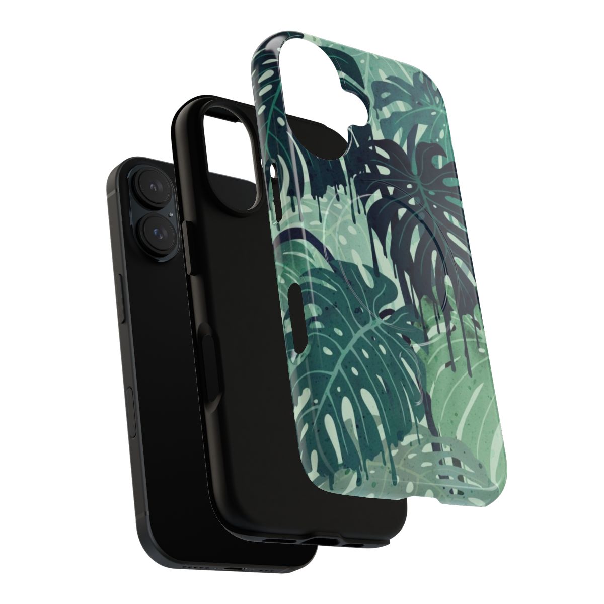 Smartphone case featuring a surreal, watercolor-style monstera leaf pattern in shades of green and blue. - Layers