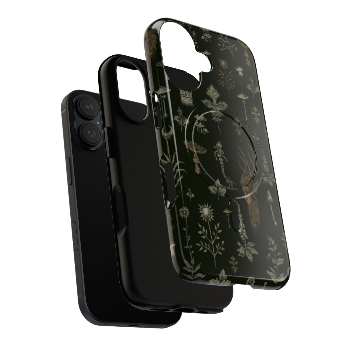 Magnetic phone case featuring a mystical forest and field design with nature elements like deer, oak trees, and mushrooms. - Layers